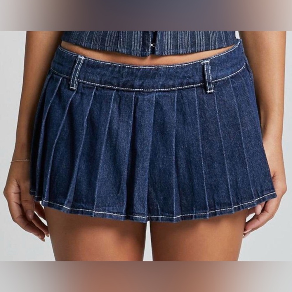 Blue Denim Pleated Mini Skirt